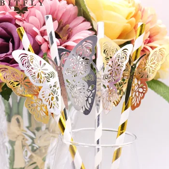 

Wedding Party Decoration 25pcs gold silver Striped Straw and 3D PVC butterfly for DIY wendding birthday party bar Decoration