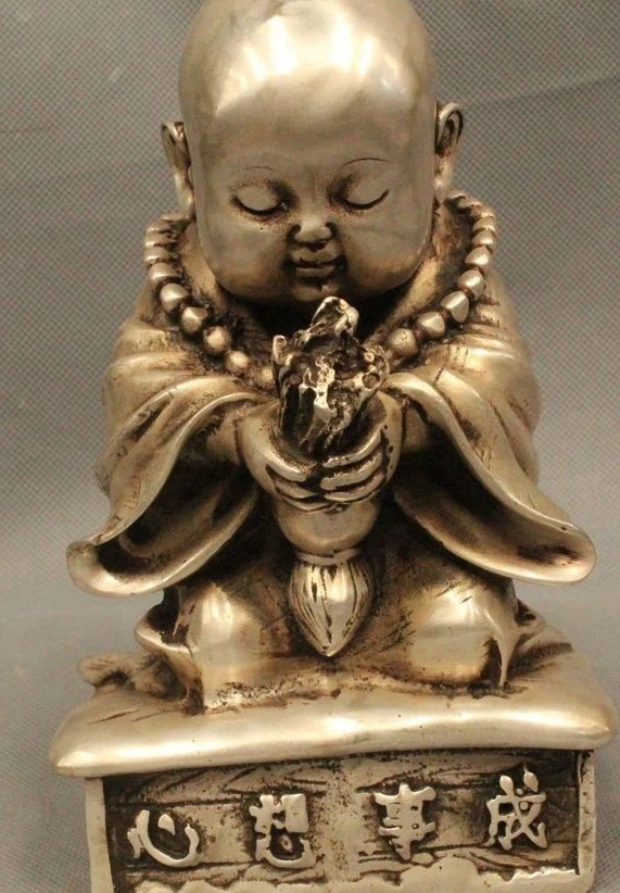 

9"China Chinese Folk Silver Bonze Thurification Wishing Boy Buddha Statue