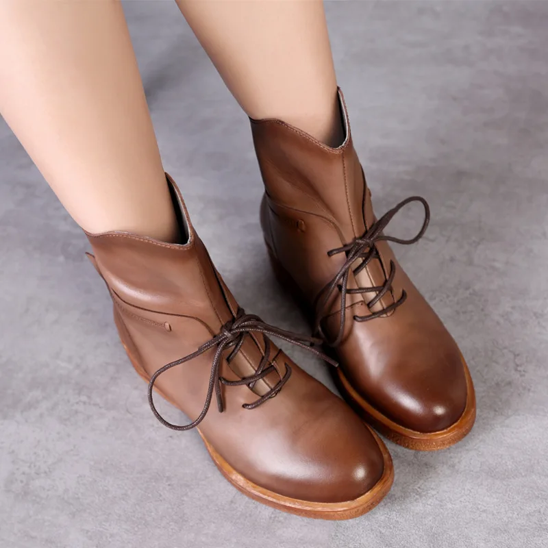 

Ankle Boots Shoes Woman Handmade 2018 New Arrival Lady Heeled Booties Lace-Up Original Leather Female Short Footwear Shoes