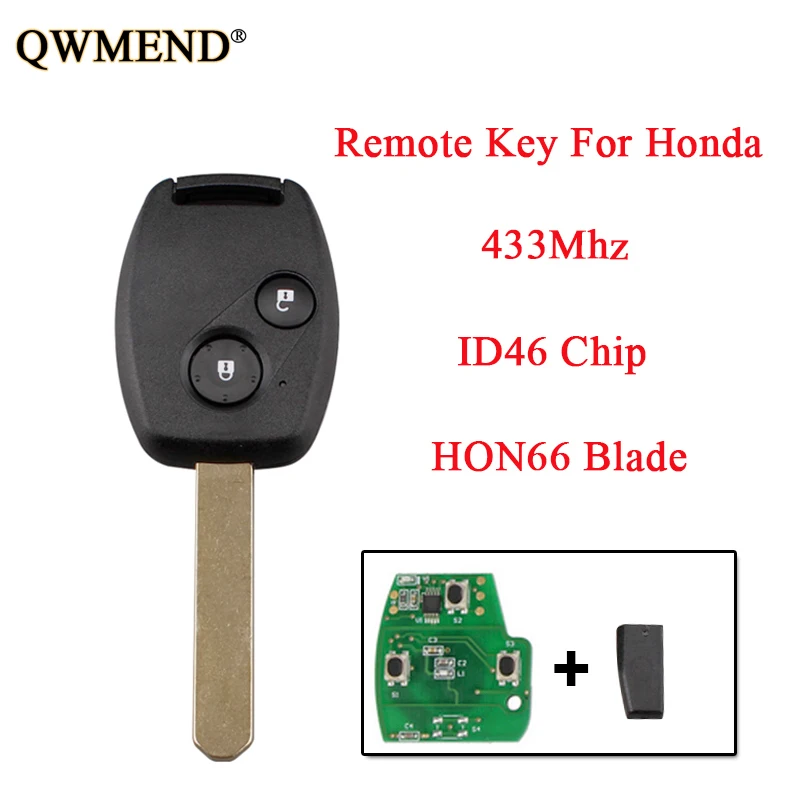 

QWMEND 2 Buttons Remote Key 433Mhz For Honda Accord Civic 2003 2004 2005 2006 2007 Car Key With ID46 Chip HON66 Blade
