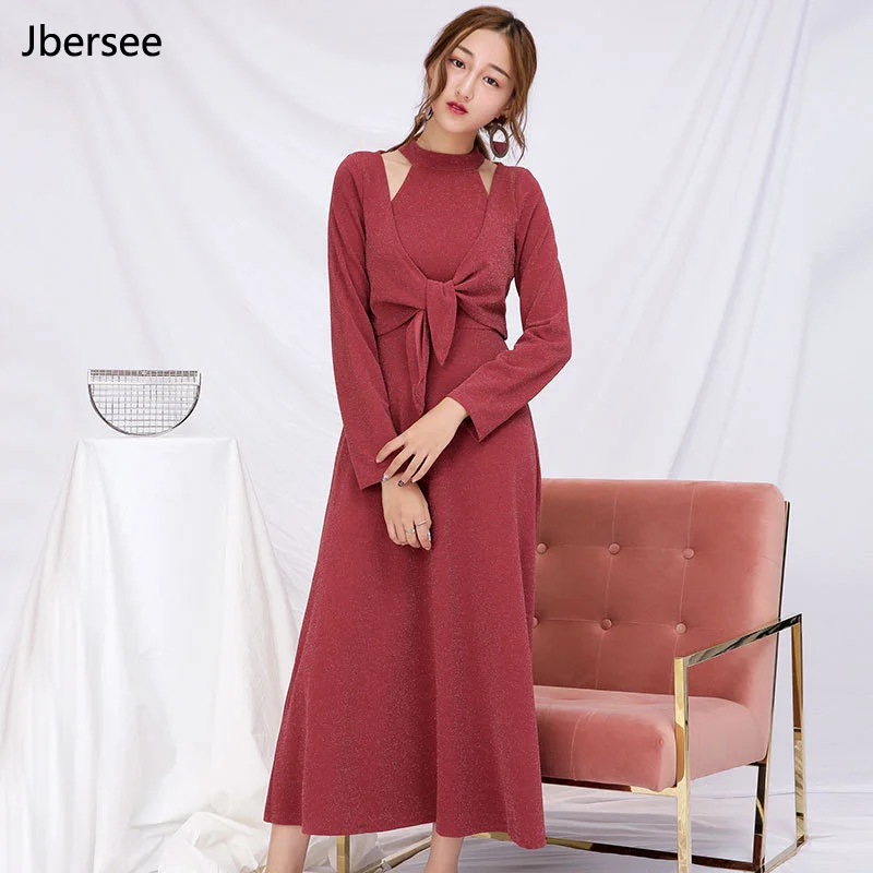 Jbersee Knitted Suit Spring Autumn Dress Womens Long Sleeved Warm Long Section Dress Two Piece Solid