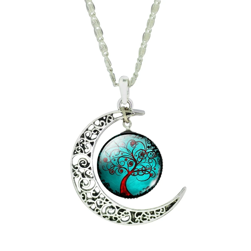 

Silver Color Tree of Life Pattern Glass Cabochon with Hollow Out Moon Shaped Pendant Choker Necklace for Women Party