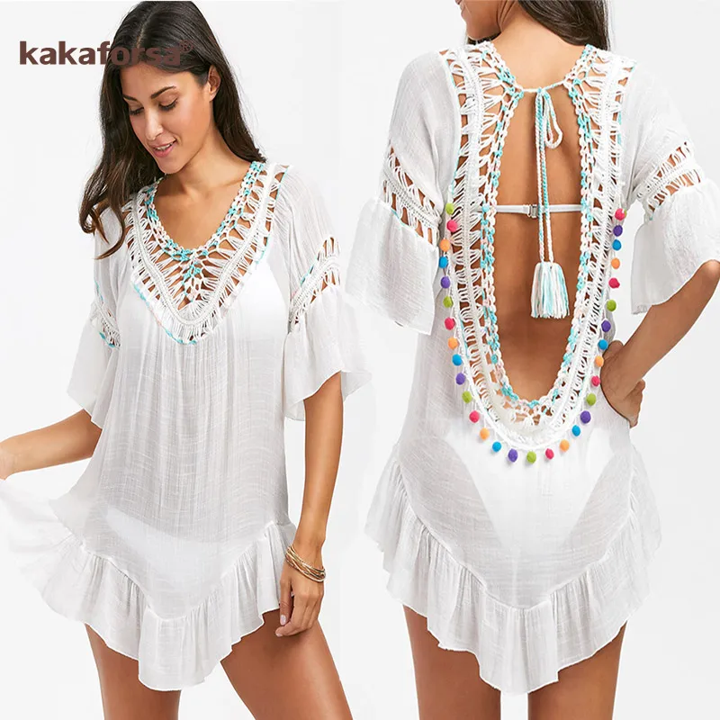 

Kakaforsa Sexy Crochet Beach Cover Up Halter Summer Beach Dress Cotton Swimwear Cover Up Solid Robe De Plage Tunic Bikini Covers