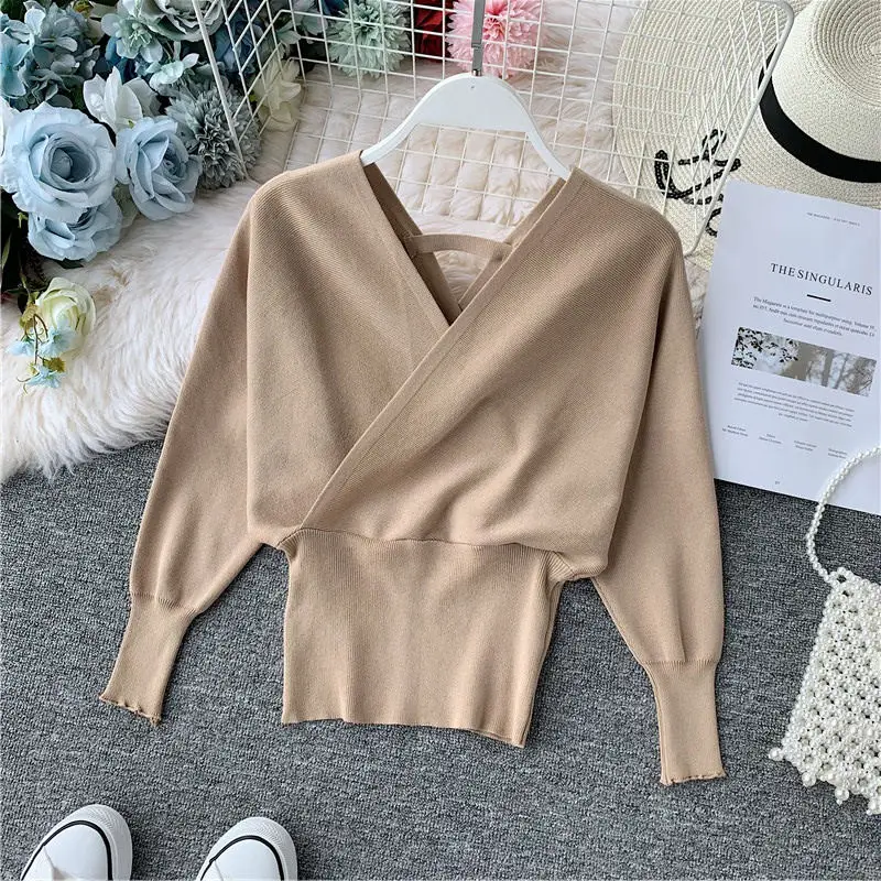 

LUOSHA Women Autumn Winter Double V Neck Solid Tunic Waist Pullover And Sweater Women Lantern Sleeve Causual Sweaters Pull Femme