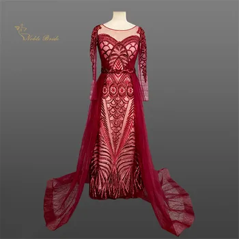 

Stylish Red Evening Gowns With Detachable Overskirt Lace Pattern Long Sleeve Evening Dress For Dubai Women Abendkleider