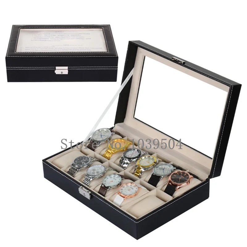 Lateral Lock 12 Grids Watches Box Black Leather Brand Watch Display Box