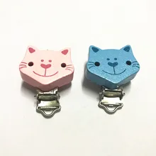 5 PCs Rosa/Azul Bebê Chupeta Clipes De Madeira Redonda Padrão Gato Dos Desenhos Animados De Madeira De Metal Titulares 4.3 cm x 3.5 cm XP0272