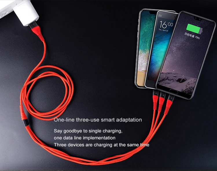 Двойной цвет черный+ красный 3 в 1 USB кабель для Iphone Micro usb type C 2.4A провод для iPhone X Xiaomi samsung S9 провод для быстрой зарядки