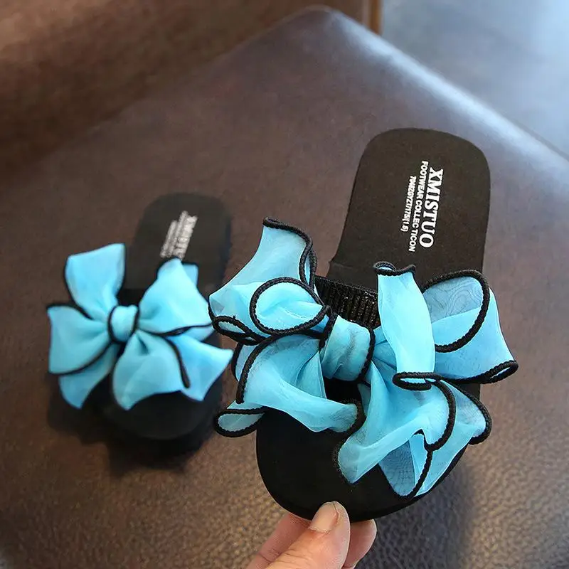 Light Blue Пляжные женские шлепки, детские домашние тапочки с бантом и цветочным рисунком, сандалии, детские шлепанцы г., летние шлепанцы для девочек - Цвет: Light Blue