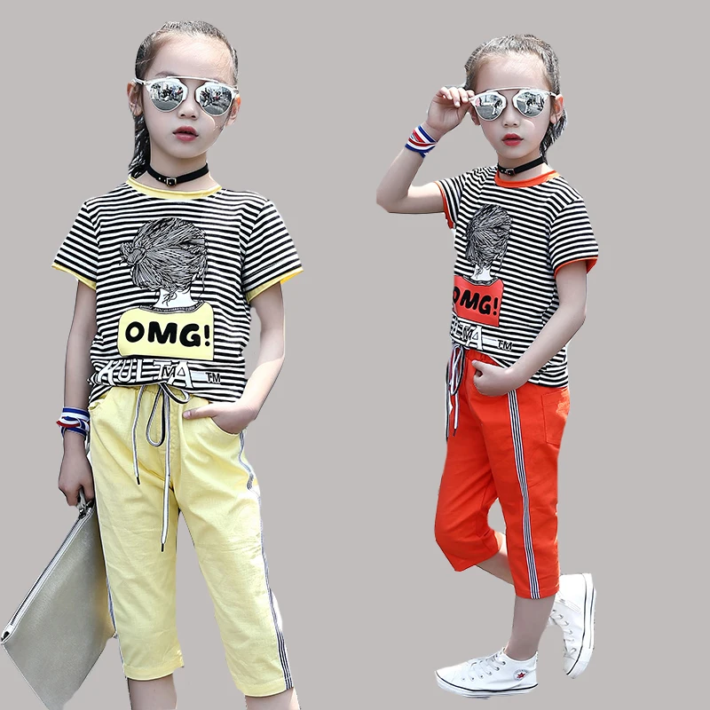 

Summer Clothing Sets For Girls Sports Suits Striped Cartoon T-Shirts For Girls Pants Cotton Casual Girls Sportswear Tracksuits