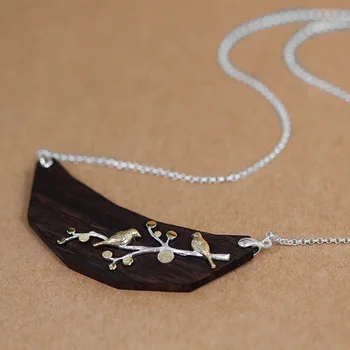 

Acecare Original ebony inlaid with pure silver branches, bird necklace, elegant literary and artistic Necklace