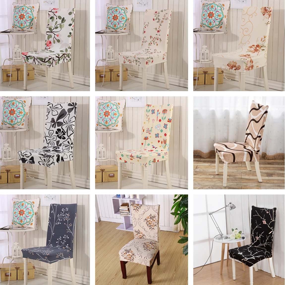 

Spandex Elastic Flowers Printing Chair Protector Slipcover Kitchen Dining Chair Cover Removable Dustproof Decorative Seat Case