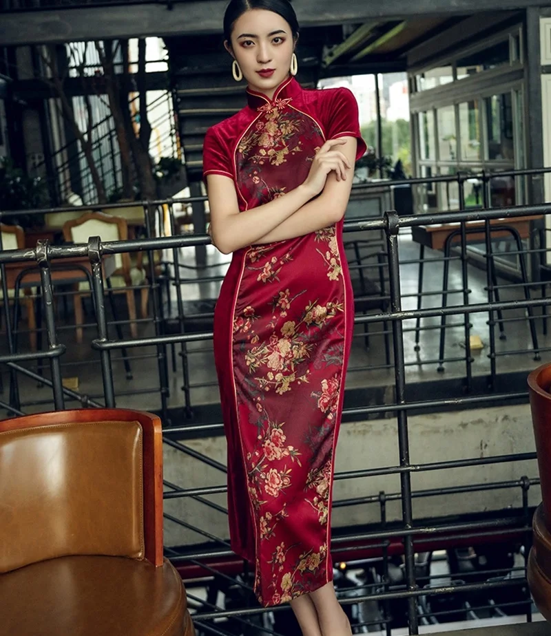 Китайское стильное платье Cheongsam Qipao бархатное лоскутное платье с разрезом миди элегантные китайские платья вино сексуальное восточное платье FF1751