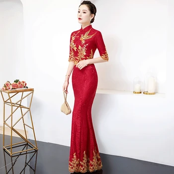 

Red Bride Lace Cheongsam Wedding Women Dress Chinese Style Elegant Long Qipao Oriental Robe Luxury Party Dresses Vestido S-4XL