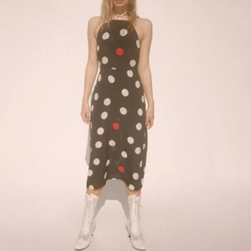 

100% Silk Crepe Women The Jeet - 315 Colorful Dot Print Halter Neck Waisted Cross Over Cute Low Backless Midi Dress