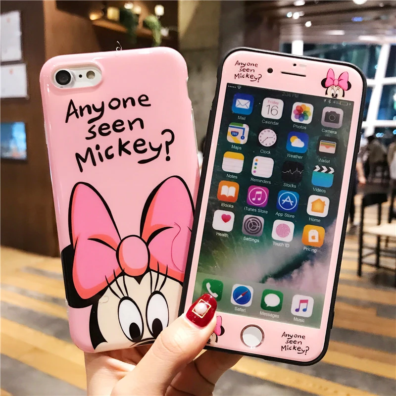 

For Iphone X 8 Plus Cartoon Mickey Minnie Phone Case Cover + Tempered Glass Screen Protector Case for IPhone 6 6s Plus 7plus