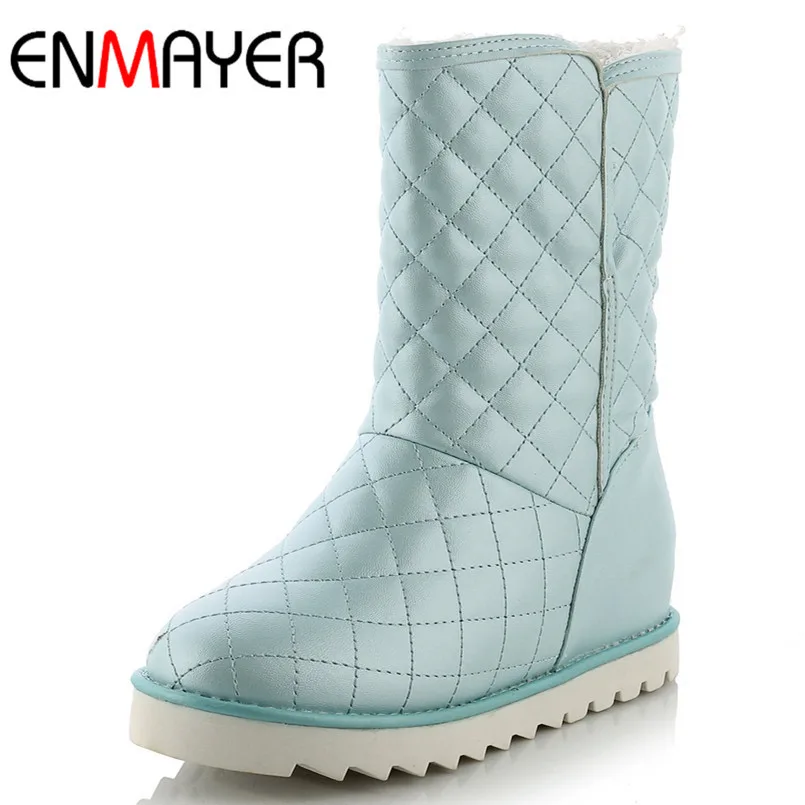 

ENMAYER 4-color New Fashion Quality PU Leather Mid-Calf  Boots for Women Warm Boots  Wedges Shoes  Round Toe Platform Boots