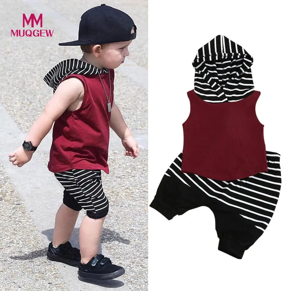 

MUQGEW Spring baby boy clothes Toddler Kids Baby Boy Cotton Striped Hooded Vest Shirt Tops+Shorts Pants 2pcs Outfits Clothes Set