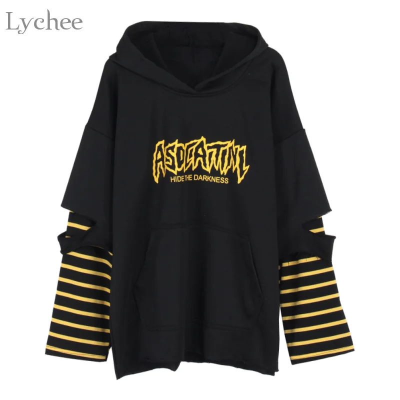  Lychee Harajuku Punk Hooded Sweatshirt Stripe Patchwork Hole Long Sleeve Hoodies Casual Loose Stree