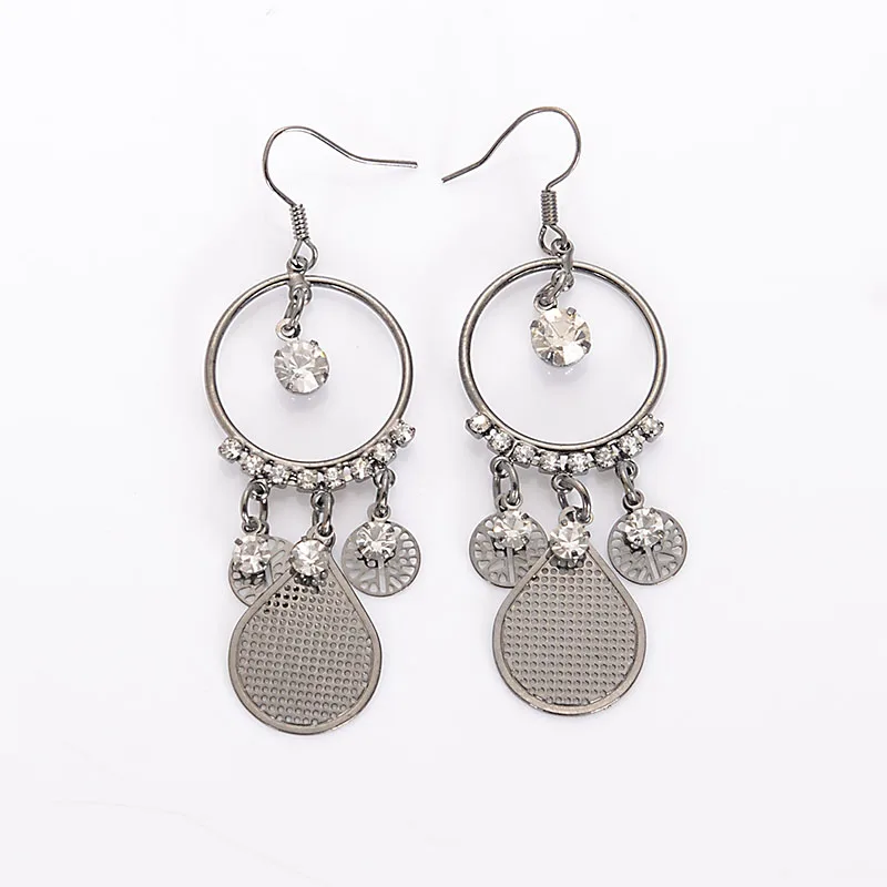 Fashion Gunmetal Vintage Flat Round Crystal Hook Earring For Women Hook
