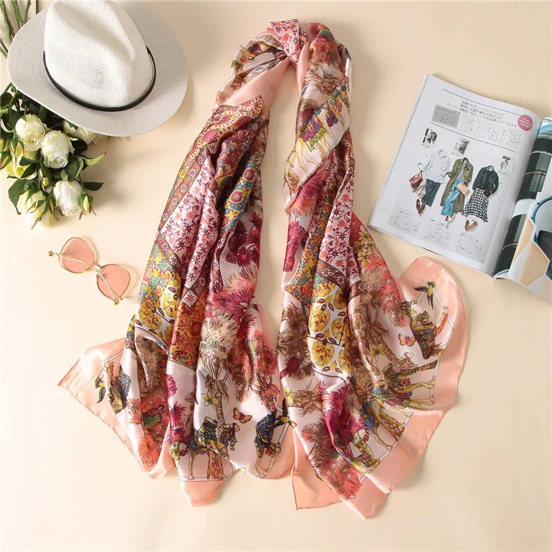 

Summer Beach Scarf Women Luxury Brand Floral Designer Natural Silk Foulard Bufanda Mujer New Long Sjaal Echarpe Oversize 180cm