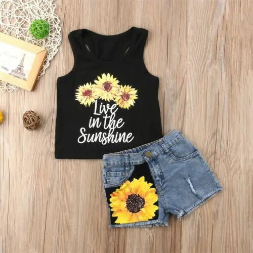 

Baby Girl Clothes Summer 3 Flower Denim Suits Toddler Outfits Clothes Letter Black O-Neck Sleeveless T-shirt Shorts Pants Set