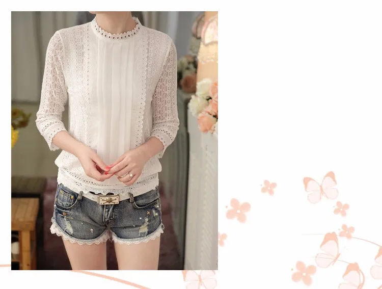 women autumn casual white lace blouse 2016 fashion sexy 34 sleeve stand collar crochet tops summer korean shirt clothes A633 d
