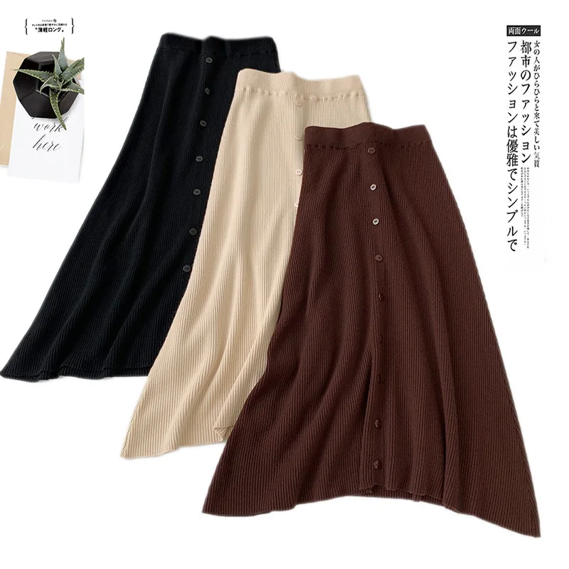 

Wasteheart Autumn Winter Coffee Black Women Skirt Casual High Waist A-Line Mid-Calf Long Skirts Clothing All-match Knitting