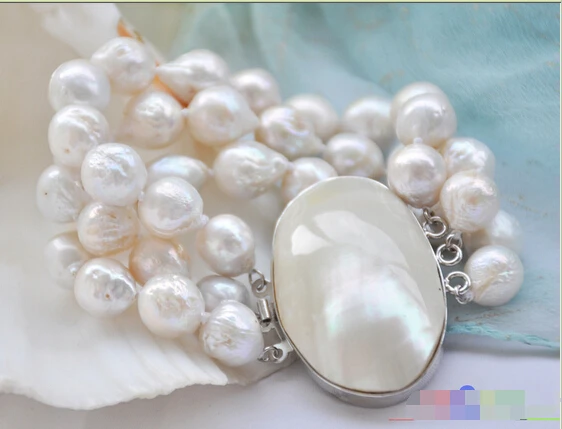 

P4951 3row 8" 13mm white almost round keshi reborn Edison pearl bracelet@^Noble style Natural Fine jewe SHIPPING new >>free ship