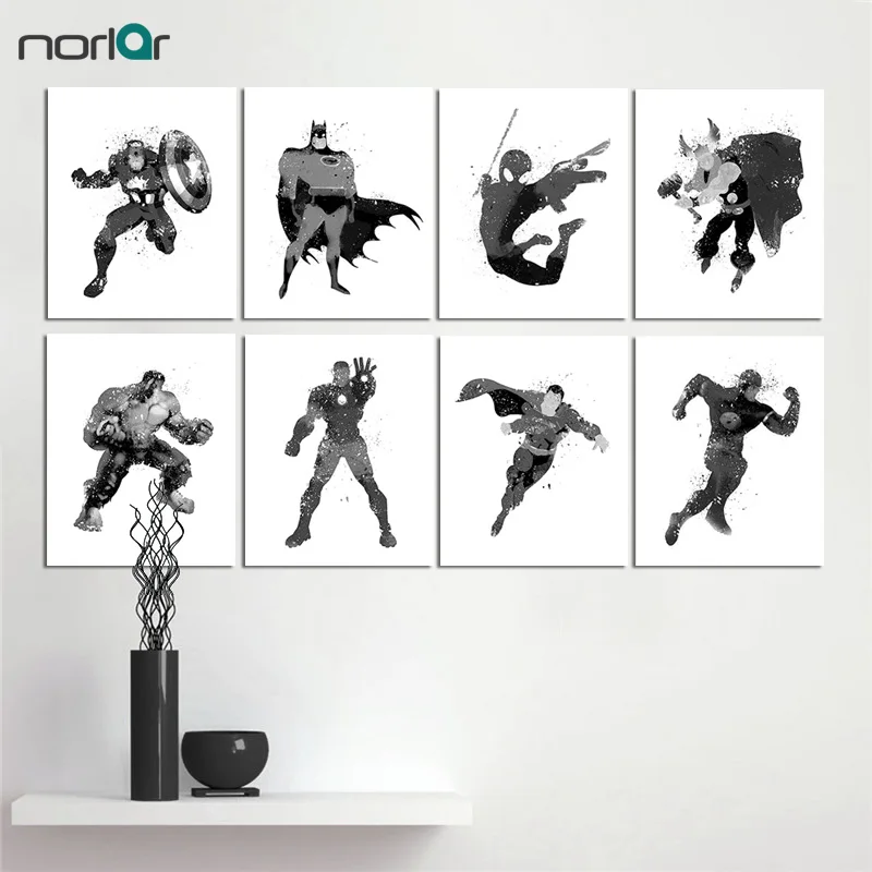 

Watercolor Black White Superhero Avengers Pop Movie Batman Canvas Art Print Poster Wall Pictures Home Decor Painting No Frame