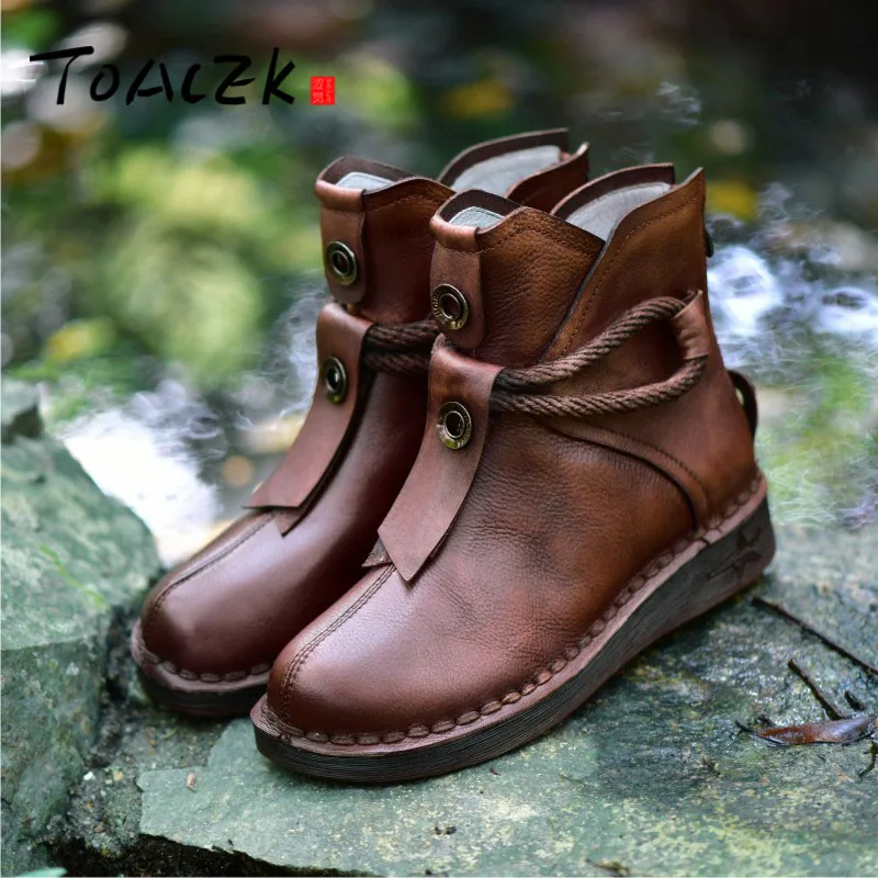 

Winter new original hand-made leather female short boots upper layer cowhide high art shoes wear rope soft bottom stitch shoes