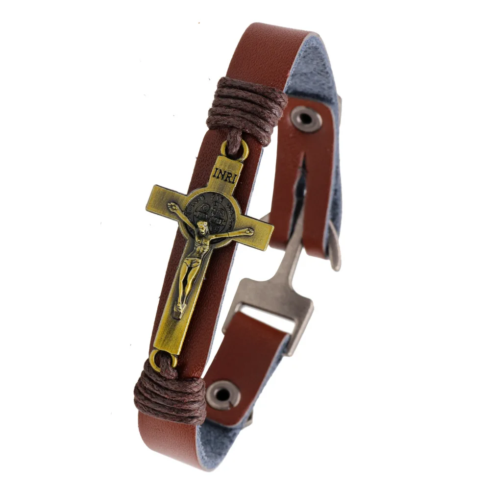 ER Male Classic Inri Jesus Leather Bracelet Mens Christian Cross Bracelets Religious Braselet