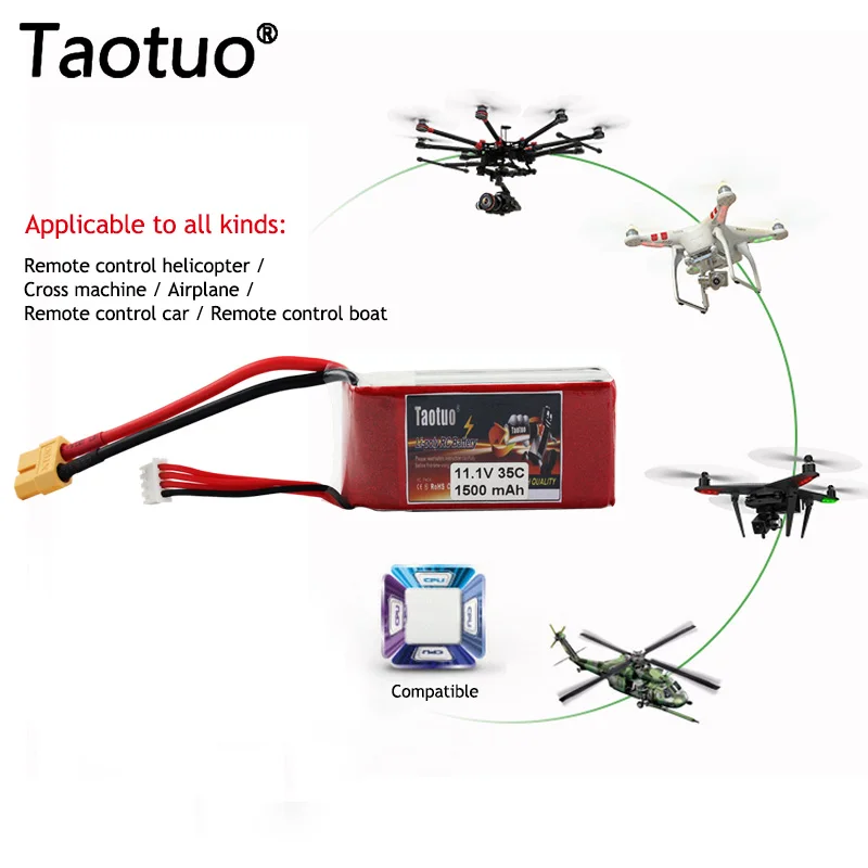 

Taotuo Power Lipo Battery 11.1v 1500mah 3S 35C XT60 Plug For RC Airplane Helicopter Car Truck Boat Dron Bateria