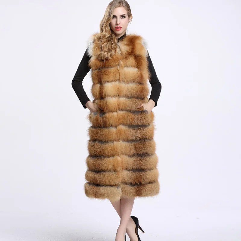 2016 Extra Long Real Silver Fox fur Vest, Women's Sleeveless Fur Coats