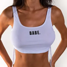 European American style sports wear for women gym sexy crop top women letter print white crop top mujer plus size drawstring half sleeves letter print crop top