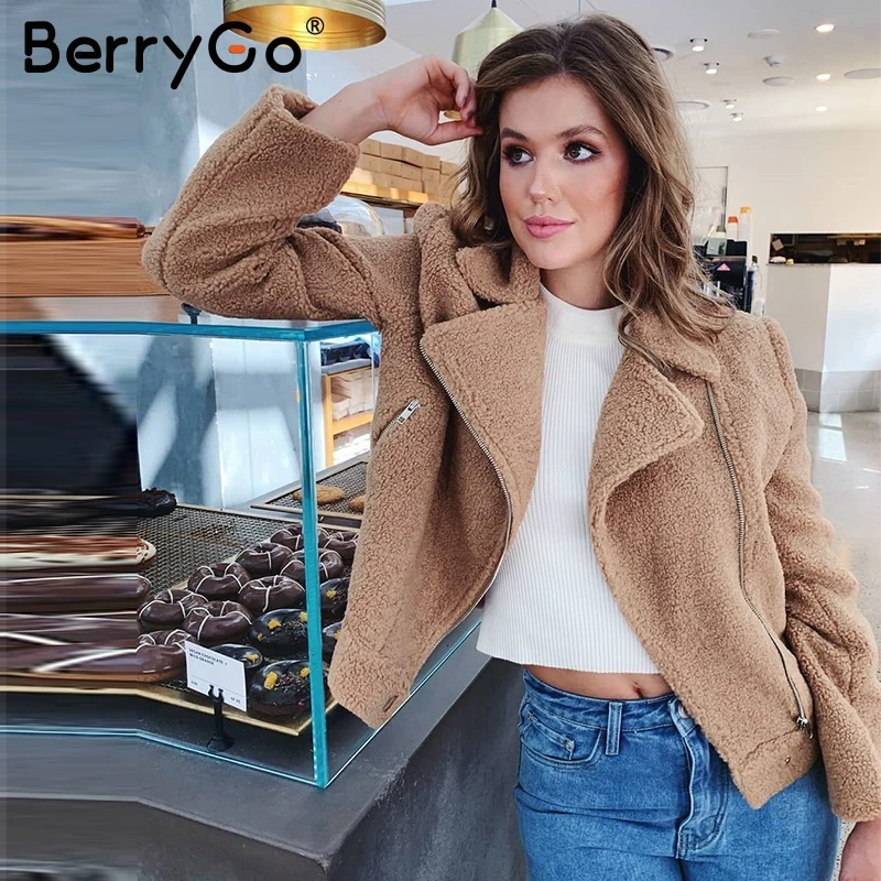 BerryGo, зимняя куртка из овечьей шерсти, Женское пальто, шикарный мех, отложной воротник, женские осенние куртки, трендовые, zippr, женские короткие пальто