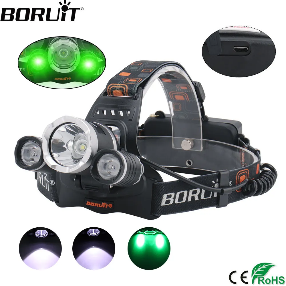 Beste BORUIT XML T6 XPE LED Koplamp 3 Modus Groen Licht Koplamp 18650 Batterij USB Charger Hoofdlamp Jacht Zaklamp