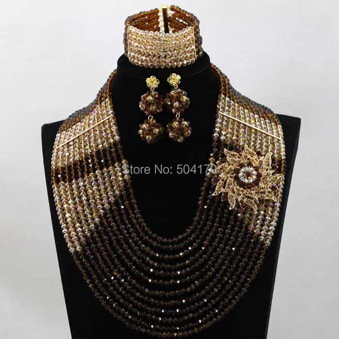 Превосходное коричневое золото индийский свадебный кристалл ювелирный набор 12 слоев Свадебный Нигерийский Африканский бисер Ювелирный Набор WD067