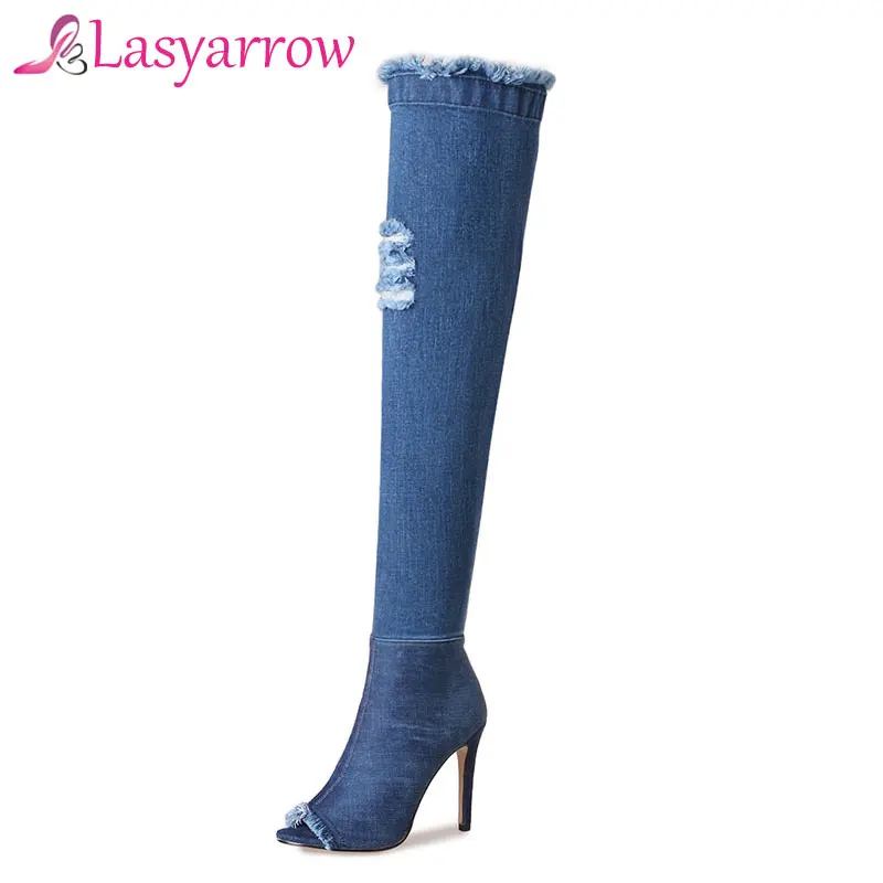Boty Lasyarrow dámské modré džínové boty vysoké podpatky dámské boty dámské boty botas Feminina vysoce kvalitní sexy boty Peep Toe RM075