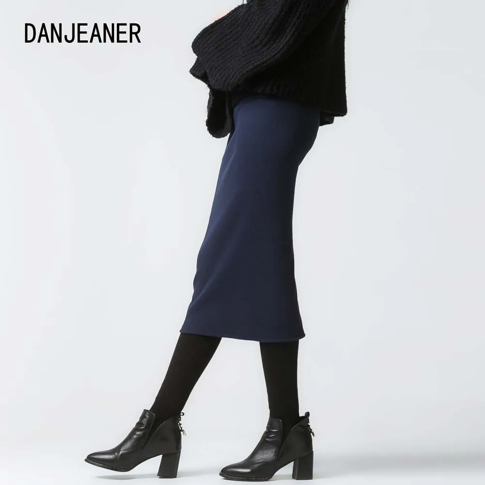 

DANJEANER 2018 Women Wool Rib Knit Pencil Skirts Sexy Split High Waist Elastic Long Skirts Solid Slim Package Hip Maxi Skirts