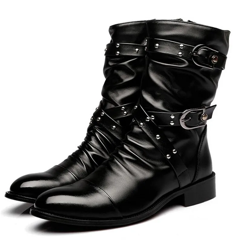 Vintage Pointed Toe Black Rivet Mid Calf Boots Men Genuine Leather Punk