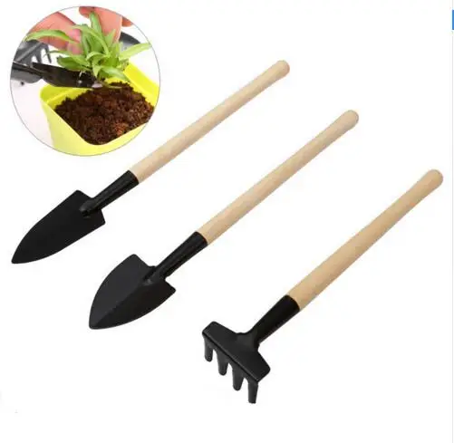 

3pcs Mini Garden Tools Spade Shovel Rake 1 Set Home Garden Wood Handle Metal Head Gardener