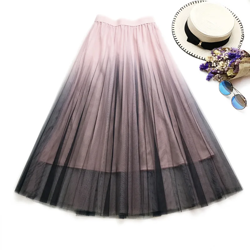 Женские юбки из тюля бежевого, серого, розового цветов, плиссированные юбки для взрослых, эластичная юбка с высокой талией, Повседневная Свободная сетчатая трапециевидная юбка средней длины