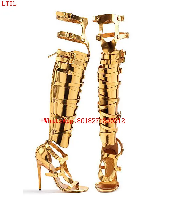 Sapato Feminino; сандалии-гладиаторы на ремнях; цвета металлик, серебристый, золотистый; сапоги до бедра; сапоги на высоких каблуках выше колена; женские летние туфли с вырезами - Цвет: as pic