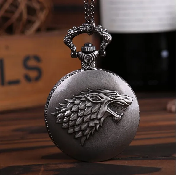 

2017 Vintage Fashion Punk Game of Thrones Pocket Watch Necklace Gothic Movie House of Stark Black Wolf Game Jewelry