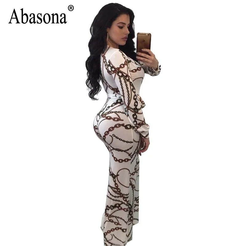 Absaona Women Rompers Jumpsuits Chain Printed Vintage Wide Leg Jumpsuit Bow Sashes Women Overalls Long Sleeve Party Club Pants