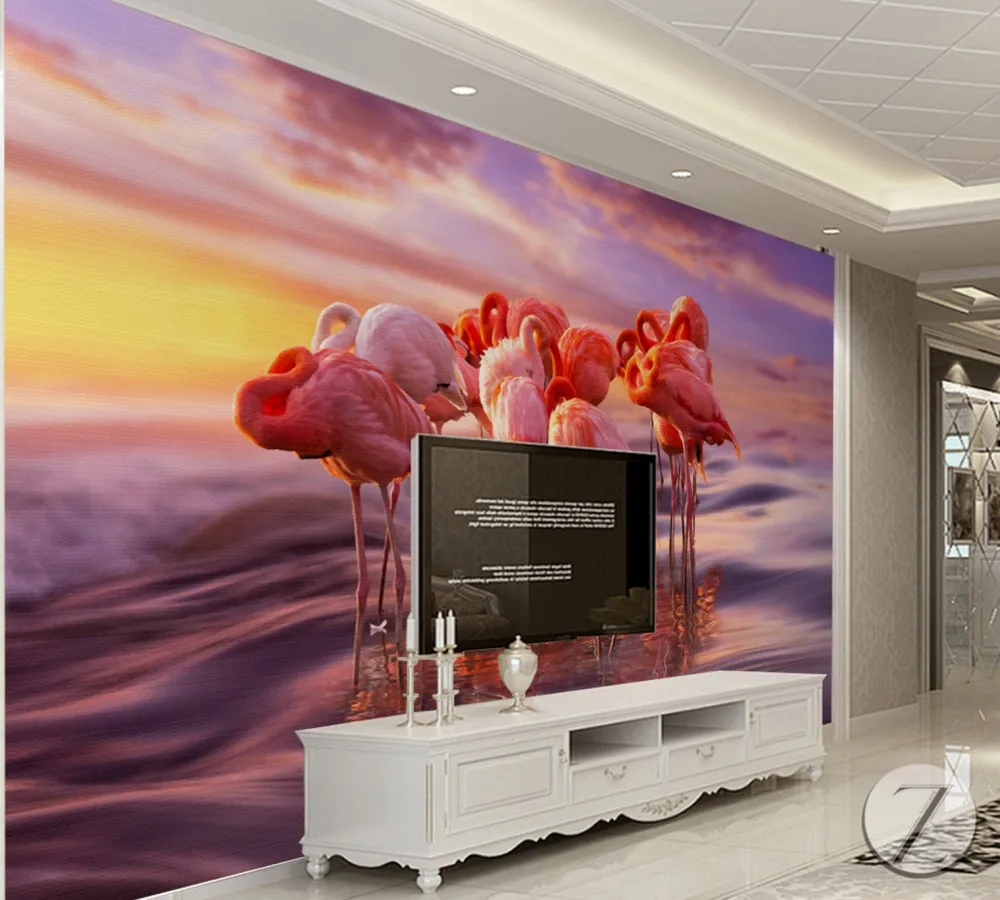 

Free Shipping 3D Custom Fashion Flamingo Seaside Creative Background Wall Design Living Room Bedroom Wallpaper Girl Room Mural