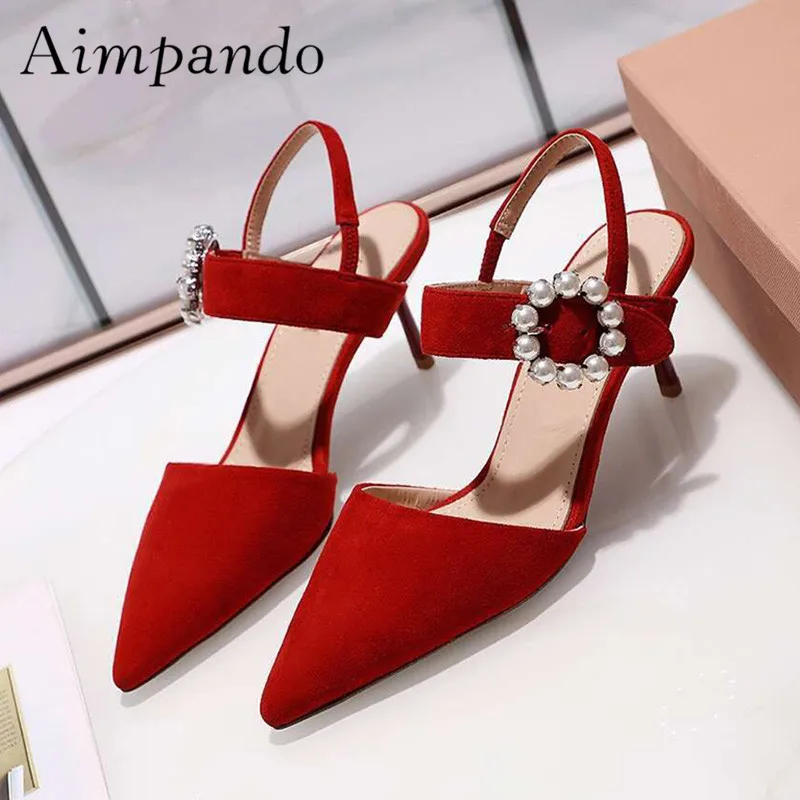 

2019 Sexy Pearl Glaidator Sandals Woman Pointed Toe Black Red Silver Real Leather High Heel Shoes Women Fashion Party Shoes