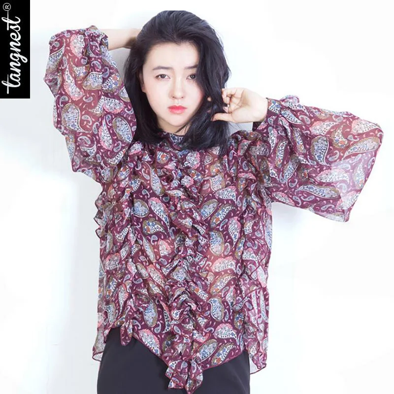 TANGNEST Women Print Blouse 2017 Fashion Spring Tops Chiffon Long Sleeve Ruffles Lantern WCX1251 |