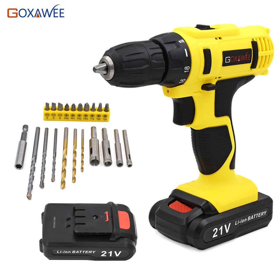 

GOXAWEE 21V Electric Screwdriver Household Rechargeable Cordless Lithium Battery Screwdriver Drill & 1 spare battery 21pcs bits